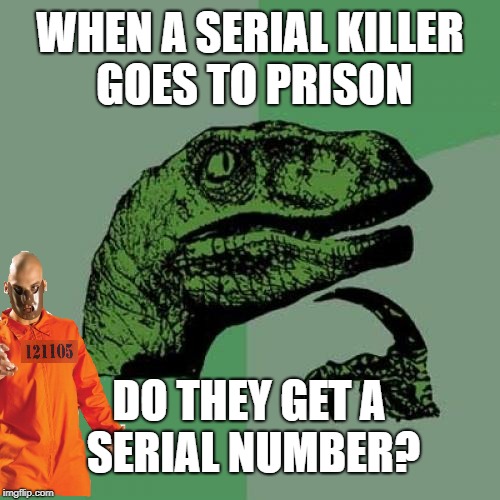 Numbers | WHEN A SERIAL KILLER GOES TO PRISON; DO THEY GET A SERIAL NUMBER? | image tagged in funny memes,philosoraptor,serial killer,prison | made w/ Imgflip meme maker