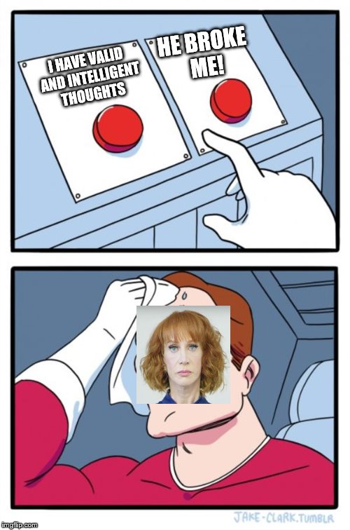 Griffin dilemma | HE BROKE ME! I HAVE VALID AND INTELLIGENT THOUGHTS | image tagged in memes,two buttons,kathy griffin,dilemma,crazy | made w/ Imgflip meme maker