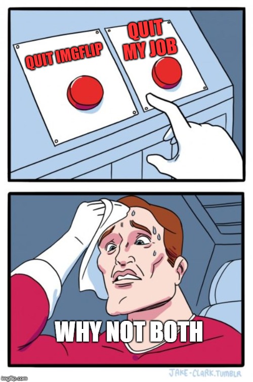 Two Buttons | QUIT MY JOB; QUIT IMGFLIP; WHY NOT BOTH | image tagged in memes,two buttons | made w/ Imgflip meme maker
