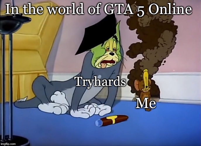 High Tom | In the world of GTA 5 Online; Tryhards; Me | image tagged in high tom | made w/ Imgflip meme maker