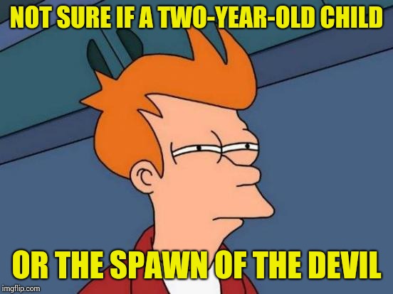 Futurama Fry Meme | NOT SURE IF A TWO-YEAR-OLD CHILD; OR THE SPAWN OF THE DEVIL | image tagged in memes,futurama fry | made w/ Imgflip meme maker