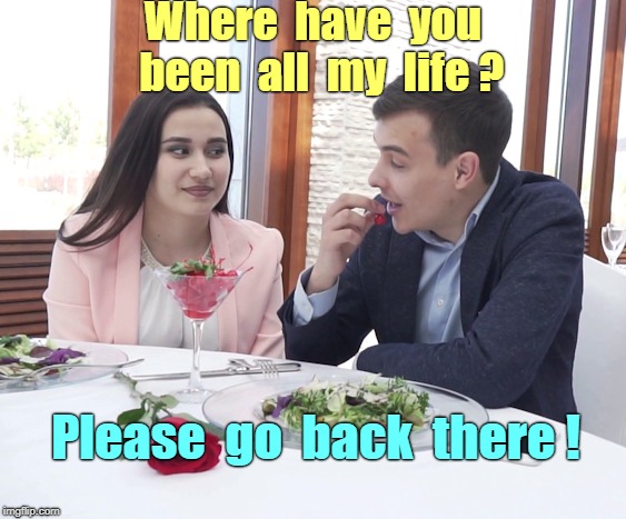 Every Girl's Been There ! | Where  have  you  been  all  my  life ? Please  go  back  there ! | image tagged in girl guy restaurant 563x467,memes,dating,oh really,date from hell | made w/ Imgflip meme maker