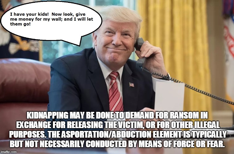 Kidnapper | KIDNAPPING MAY BE DONE TO DEMAND FOR RANSOM IN EXCHANGE FOR RELEASING THE VICTIM, OR FOR OTHER ILLEGAL PURPOSES. THE ASPORTATION/ABDUCTION ELEMENT IS TYPICALLY BUT NOT NECESSARILY CONDUCTED BY MEANS OF FORCE OR FEAR. | image tagged in trump,kidnapping,ransom,wall | made w/ Imgflip meme maker