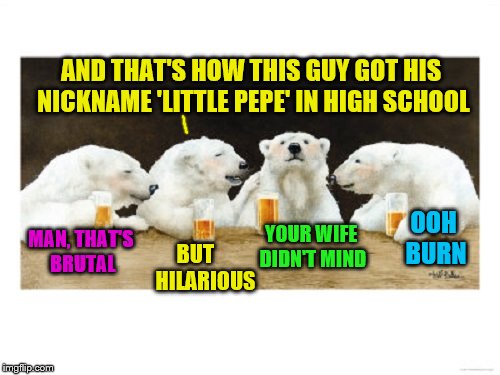 Ice cold polar bear burn (A KenJ request) | AND THAT'S HOW THIS GUY GOT HIS NICKNAME 'LITTLE PEPE' IN HIGH SCHOOL; YOUR WIFE DIDN'T MIND; OOH BURN; MAN, THAT'S BRUTAL; BUT


 
HILARIOUS | image tagged in polar bears drinking beer,memes,kenj,personal challenge | made w/ Imgflip meme maker