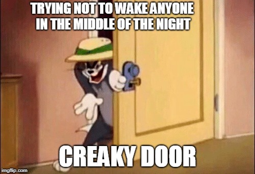 Tom and Jerry | TRYING NOT TO WAKE ANYONE IN THE MIDDLE OF THE NIGHT; CREAKY DOOR | image tagged in tom and jerry | made w/ Imgflip meme maker