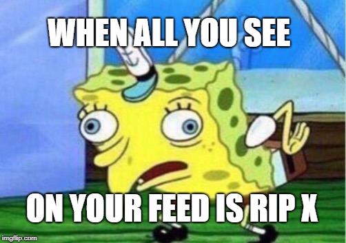 Mocking Spongebob Meme | WHEN ALL YOU SEE; ON YOUR FEED IS RIP X | image tagged in memes,mocking spongebob | made w/ Imgflip meme maker