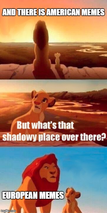 Simba Shadowy Place Meme | AND THERE IS AMERICAN MEMES; EUROPEAN MEMES | image tagged in memes,simba shadowy place | made w/ Imgflip meme maker