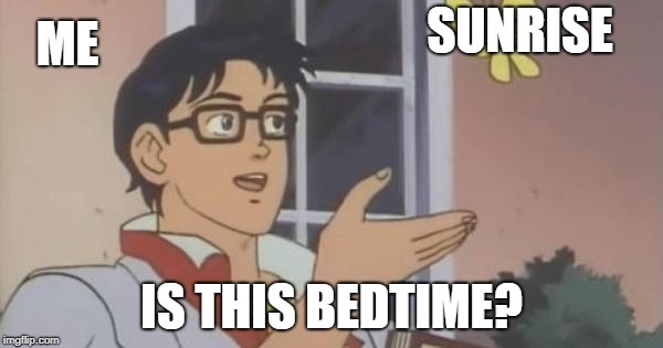 Is This a Pigeon | ME; SUNRISE; IS THIS BEDTIME? | image tagged in is this a pigeon | made w/ Imgflip meme maker