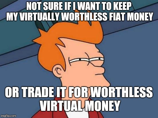 Futurama Fry Meme | NOT SURE IF I WANT TO KEEP MY VIRTUALLY WORTHLESS FIAT MONEY OR TRADE IT FOR WORTHLESS VIRTUAL MONEY | image tagged in memes,futurama fry | made w/ Imgflip meme maker