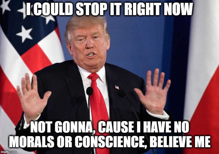 Trump Not Me | I COULD STOP IT RIGHT NOW NOT GONNA, CAUSE I HAVE NO MORALS OR CONSCIENCE, BELIEVE ME | image tagged in trump not me | made w/ Imgflip meme maker