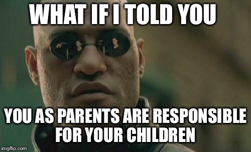 Matrix Morpheus Meme | WHAT IF I TOLD YOU; YOU AS PARENTS ARE RESPONSIBLE FOR YOUR CHILDREN | image tagged in memes,matrix morpheus | made w/ Imgflip meme maker