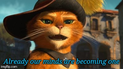 Puss minds | Already our minds are becoming one | image tagged in shrek,puss in boots | made w/ Imgflip meme maker