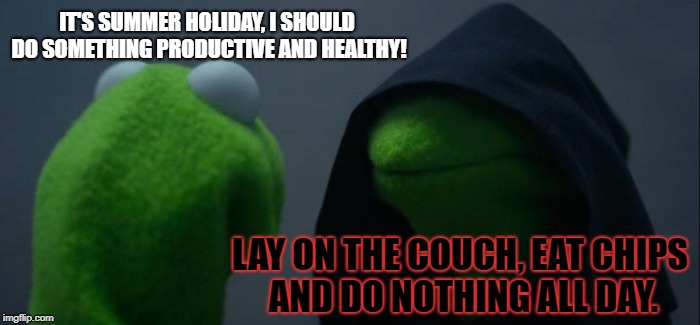 Evil Kermit Meme |  IT'S SUMMER HOLIDAY, I SHOULD DO SOMETHING PRODUCTIVE AND HEALTHY! LAY ON THE COUCH, EAT CHIPS AND DO NOTHING ALL DAY. | image tagged in memes,evil kermit | made w/ Imgflip meme maker