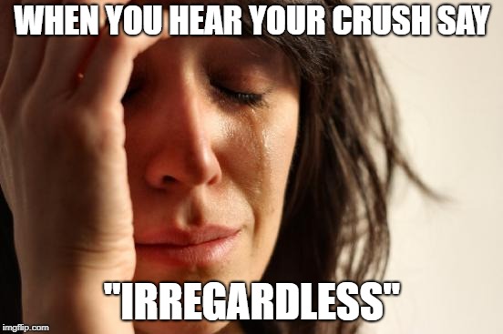 First World Problems Meme | WHEN YOU HEAR YOUR CRUSH SAY; "IRREGARDLESS" | image tagged in memes,first world problems | made w/ Imgflip meme maker