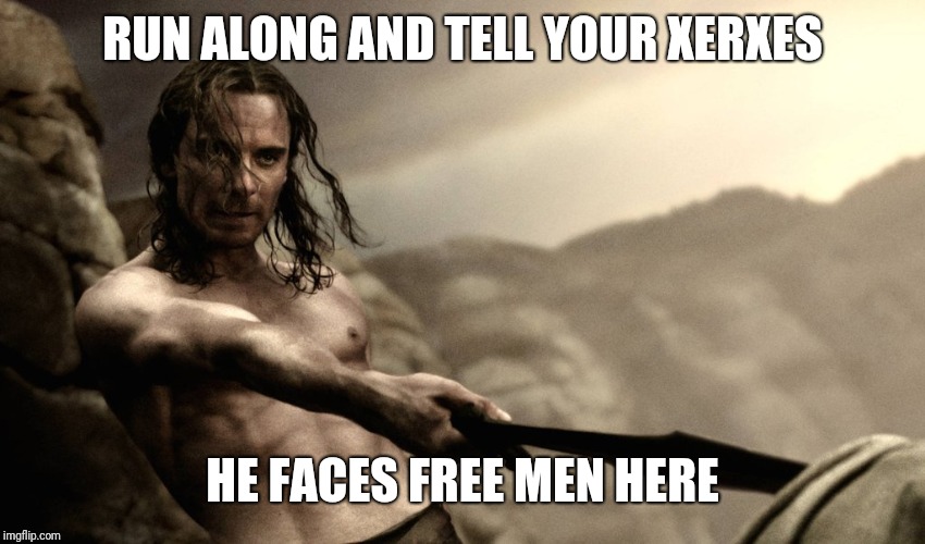  RUN ALONG AND TELL YOUR XERXES; HE FACES FREE MEN HERE | image tagged in 300,michael fassbender,freedom,free men | made w/ Imgflip meme maker