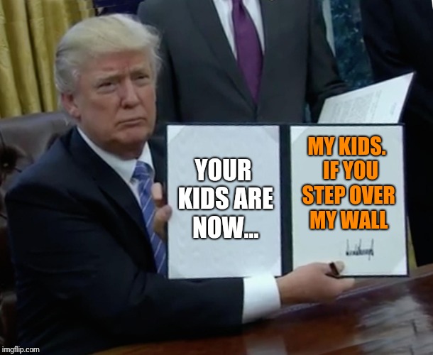Trump Bill Signing | YOUR KIDS ARE NOW... MY KIDS.  IF YOU STEP OVER MY WALL | image tagged in memes,trump bill signing | made w/ Imgflip meme maker
