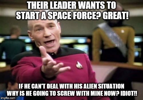 Maybe use that time and money to fix some shit down here?  | THEIR LEADER WANTS TO START A SPACE FORCE? GREAT! IF HE CAN'T DEAL WITH HIS ALIEN SITUATION WHY IS HE GOING TO SCREW WITH MINE NOW? IDIOT!! | image tagged in memes,picard wtf,donald trump is an idiot,donald trump memes | made w/ Imgflip meme maker