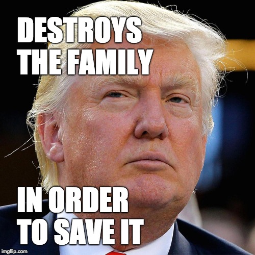 Trump destroys the family in order to save it. | DESTROYS THE FAMILY; IN ORDER TO SAVE IT | image tagged in immigration,trump immigration policy,trump,donald trump,barbarian | made w/ Imgflip meme maker