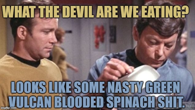 Star Trek Diners Log 6.19.18.20 | WHAT THE DEVIL ARE WE EATING? LOOKS LIKE SOME NASTY GREEN VULCAN BLOODED SPINACH SHIT. | image tagged in kirky mccoy soup de spock star trek,the soup de sierre,wars of the memers to meme foods,shamrocked | made w/ Imgflip meme maker