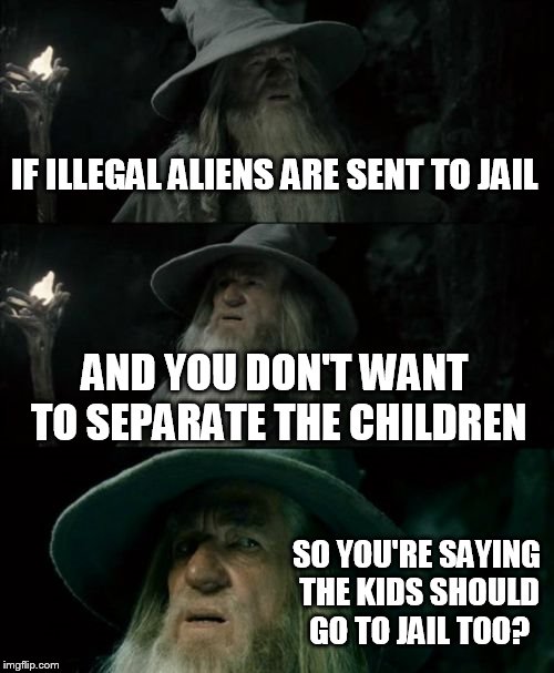 Confused Gandalf Meme | IF ILLEGAL ALIENS ARE SENT TO JAIL; AND YOU DON'T WANT TO SEPARATE THE CHILDREN; SO YOU'RE SAYING THE KIDS SHOULD GO TO JAIL TOO? | image tagged in memes,confused gandalf | made w/ Imgflip meme maker