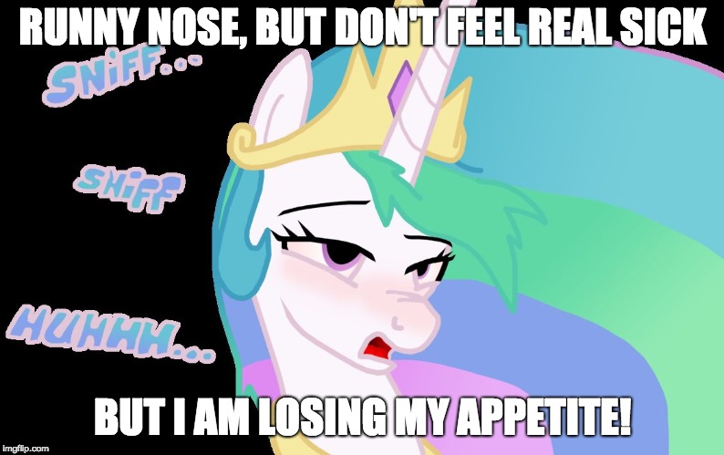 I wish I could take a sick day, but too much is happening! | RUNNY NOSE, BUT DON'T FEEL REAL SICK; BUT I AM LOSING MY APPETITE! | image tagged in royal sick pony,memes,sick day,xanderbrony | made w/ Imgflip meme maker