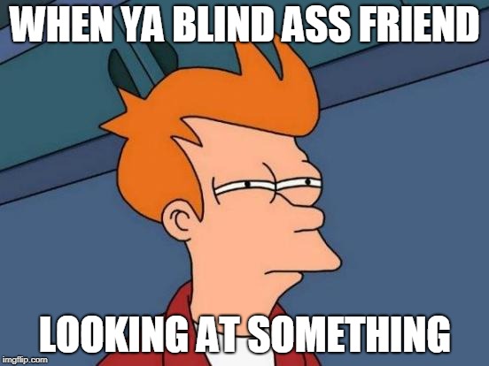 Futurama Fry Meme | WHEN YA BLIND ASS FRIEND; LOOKING AT SOMETHING | image tagged in memes,futurama fry | made w/ Imgflip meme maker