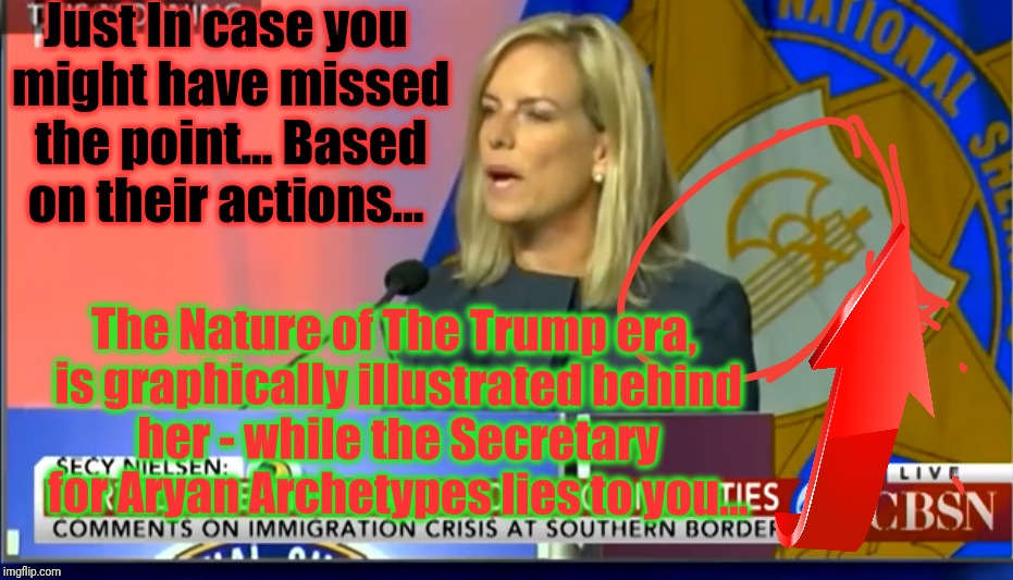 "A lie repeated often enough becomes the truth."~ G. Goebbels (Joseph Goebbels), Propaganda officer for Adolf Hitler  | Just In case you might have missed the point... Based on their actions... The Nature of The Trump era, is graphically illustrated behind her - while the Secretary for Aryan Archetypes lies to you... | image tagged in trump trademark,fascism,trump immigration policy,trump lies,child abuse,memes | made w/ Imgflip meme maker