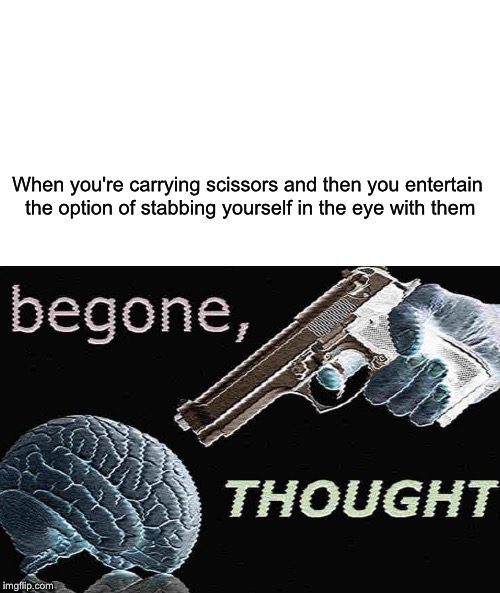 Begone | When you're carrying scissors and then you entertain the option of stabbing yourself in the eye with them | image tagged in relatable,brain,thought,begone | made w/ Imgflip meme maker