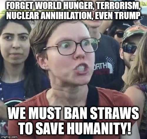 Triggered feminist | FORGET WORLD HUNGER, TERRORISM, NUCLEAR ANNIHILATION, EVEN TRUMP; WE MUST BAN STRAWS TO SAVE HUMANITY! | image tagged in triggered feminist | made w/ Imgflip meme maker