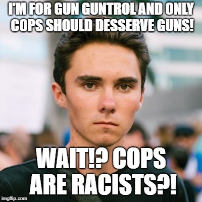 David Hogg | I'M FOR GUN GUNTROL AND ONLY COPS SHOULD DESSERVE GUNS! WAIT!? COPS ARE RACISTS?! | image tagged in david hogg | made w/ Imgflip meme maker