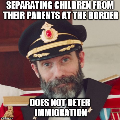Does not deter immigration | SEPARATING CHILDREN FROM THEIR PARENTS AT THE BORDER; DOES NOT DETER IMMIGRATION | image tagged in captain obvious large,meme,political meme,trump,immigration | made w/ Imgflip meme maker