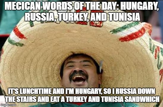 Mexican Words of the Day: Hungary, Russia, Turkey, and Tunisia | MECICAN WORDS OF THE DAY: HUNGARY, RUSSIA, TURKEY, AND TUNISIA; IT'S LUNCHTIME AND I'M HUNGARY, SO I RUSSIA DOWN THE STAIRS AND EAT A TURKEY AND TUNISIA SANDWHICH | image tagged in mexican word of the day,russia,turkey,turkeys,tuna,lunch time | made w/ Imgflip meme maker