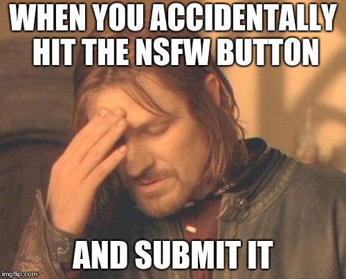 Frustrated Boromir | WHEN YOU ACCIDENTALLY HIT THE NSFW BUTTON; AND SUBMIT IT | image tagged in memes,frustrated boromir,nsfw,accident,frustration,anger | made w/ Imgflip meme maker
