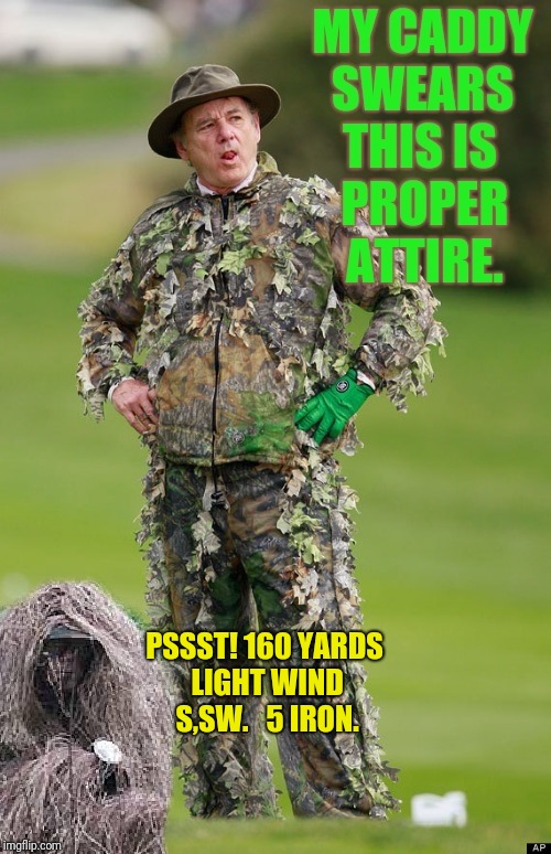 When your caddy was an SF spotter. | PSSST! 160 YARDS LIGHT WIND S,SW.   5 IRON. | image tagged in sniper,golf,bill murray golf | made w/ Imgflip meme maker