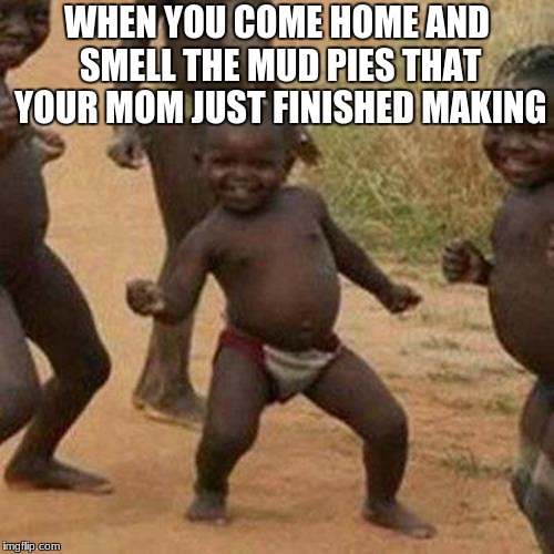 Third World Success Kid | WHEN YOU COME HOME AND SMELL THE MUD PIES THAT YOUR MOM JUST FINISHED MAKING | image tagged in memes,third world success kid | made w/ Imgflip meme maker