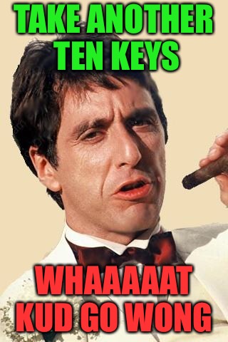 What Could Go Wrong?  | TAKE ANOTHER TEN KEYS; WHAAAAAT KUD GO WONG | image tagged in tony montana,key,drugs,the wall,illegal immigration,illegal aliens | made w/ Imgflip meme maker