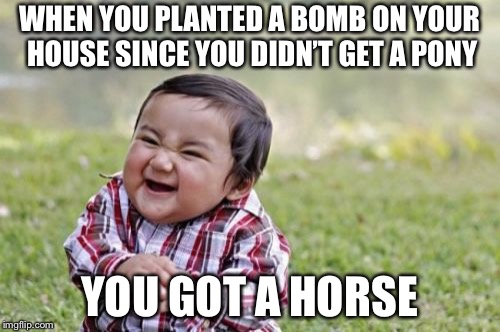 Evil Toddler | WHEN YOU PLANTED A BOMB ON YOUR HOUSE SINCE YOU DIDN’T GET A PONY; YOU GOT A HORSE | image tagged in memes,evil toddler | made w/ Imgflip meme maker