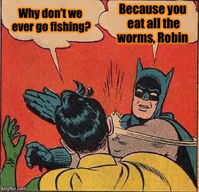 Badman Pun | Why don’t we ever go fishing? Because you eat all the worms, Robin | image tagged in memes,batman slapping robin,bad pun | made w/ Imgflip meme maker