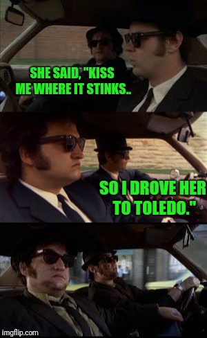 Jake and Elwood | SHE SAID, "KISS ME WHERE IT STINKS.. SO I DROVE HER TO TOLEDO." | image tagged in jake and elwood | made w/ Imgflip meme maker