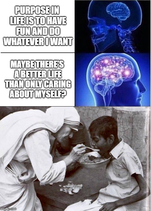 "Support the weak, and remember the words of the Lord Jesus, how he said, It is more blessed to give than to receive." Acts 20:3 | PURPOSE IN LIFE IS TO HAVE FUN AND DO WHATEVER I WANT; MAYBE THERE'S A BETTER LIFE THAN ONLY CARING ABOUT MYSELF? | image tagged in expanding brain,love | made w/ Imgflip meme maker