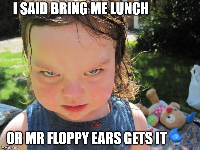Not looking good.. for Mr. Floppy Ears.. #EvilToddlerWeek | I SAID BRING ME LUNCH; OR MR FLOPPY EARS GETS IT | image tagged in evil toddler,bunny,lunch,mr floppy ears | made w/ Imgflip meme maker