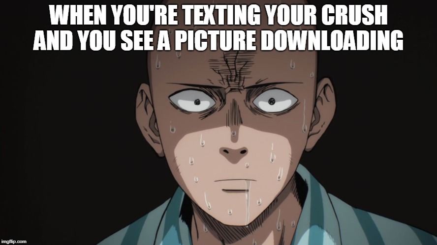 WHEN YOU'RE TEXTING YOUR CRUSH AND YOU SEE A PICTURE DOWNLOADING | image tagged in crush,love,anime,one punch man,manga,funny memes | made w/ Imgflip meme maker