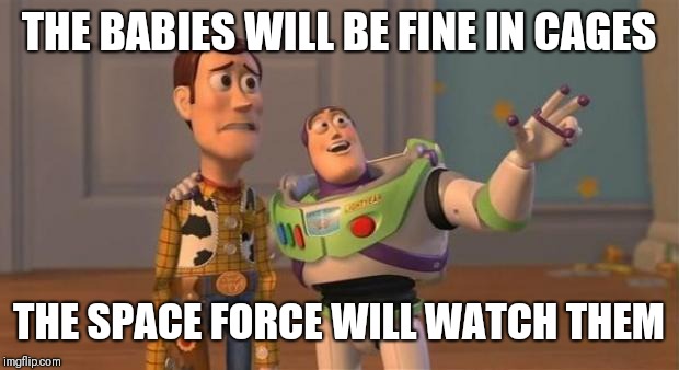 Buzz Woody | THE BABIES WILL BE FINE IN CAGES; THE SPACE FORCE WILL WATCH THEM | image tagged in buzz woody | made w/ Imgflip meme maker