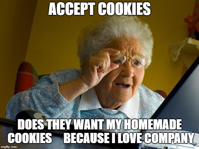 Grandma Finds The Internet | ACCEPT COOKIES; DOES THEY WANT MY HOMEMADE COOKIES     BECAUSE I LOVE COMPANY | image tagged in memes,grandma finds the internet | made w/ Imgflip meme maker