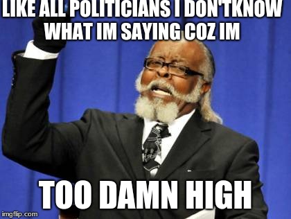 Too Damn High Meme | LIKE ALL POLITICIANS I DON'TKNOW WHAT IM SAYING COZ IM; TOO DAMN HIGH | image tagged in memes,too damn high | made w/ Imgflip meme maker