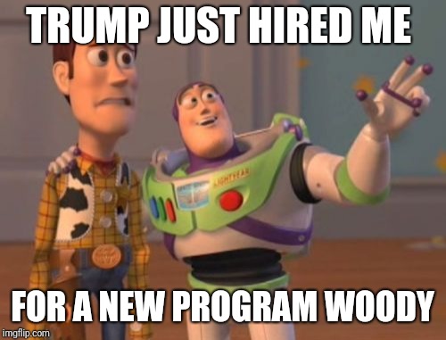 X, X Everywhere | TRUMP JUST HIRED ME; FOR A NEW PROGRAM WOODY | image tagged in memes,x x everywhere | made w/ Imgflip meme maker
