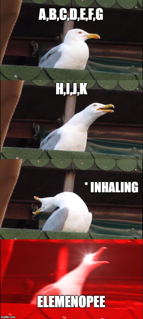 Inhaling Seagull Meme | A,B,C,D,E,F,G; H,I,J,K; * INHALING; ELEMENOPEE | image tagged in memes,inhaling seagull | made w/ Imgflip meme maker