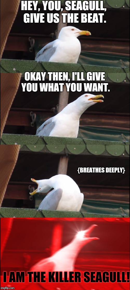 Inhaling Seagull | HEY, YOU, SEAGULL, GIVE US THE BEAT. OKAY THEN, I'LL GIVE YOU WHAT YOU WANT. {BREATHES DEEPLY}; I AM THE KILLER SEAGULL! | image tagged in memes,inhaling seagull | made w/ Imgflip meme maker