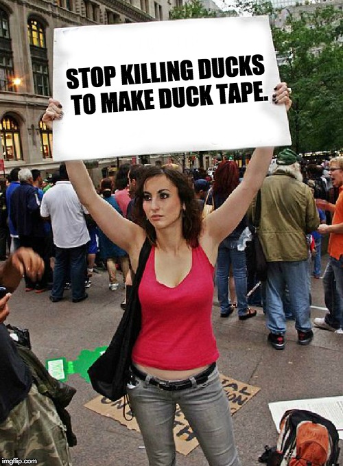 proteste | STOP KILLING DUCKS TO MAKE DUCK TAPE. | image tagged in proteste | made w/ Imgflip meme maker