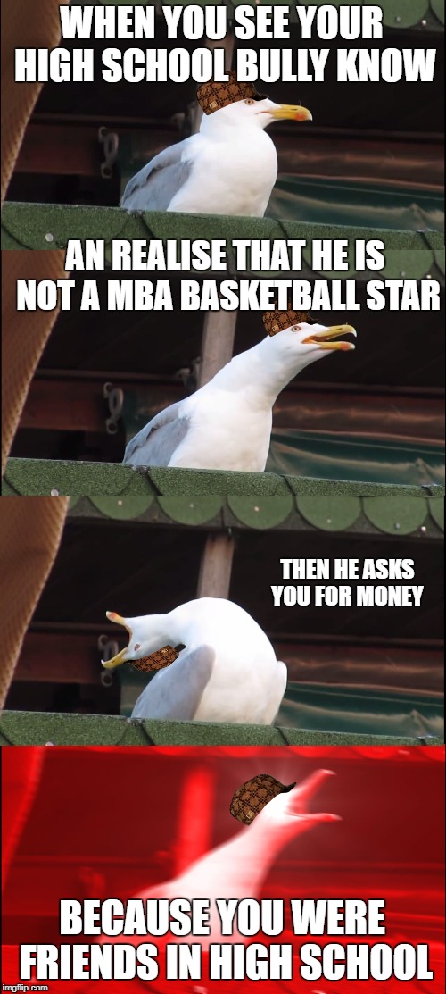 Inhaling Seagull Meme | WHEN YOU SEE YOUR HIGH SCHOOL BULLY KNOW; AN REALISE THAT HE IS NOT A MBA BASKETBALL STAR; THEN HE ASKS YOU FOR MONEY; BECAUSE YOU WERE FRIENDS IN HIGH SCHOOL | image tagged in memes,inhaling seagull,scumbag | made w/ Imgflip meme maker